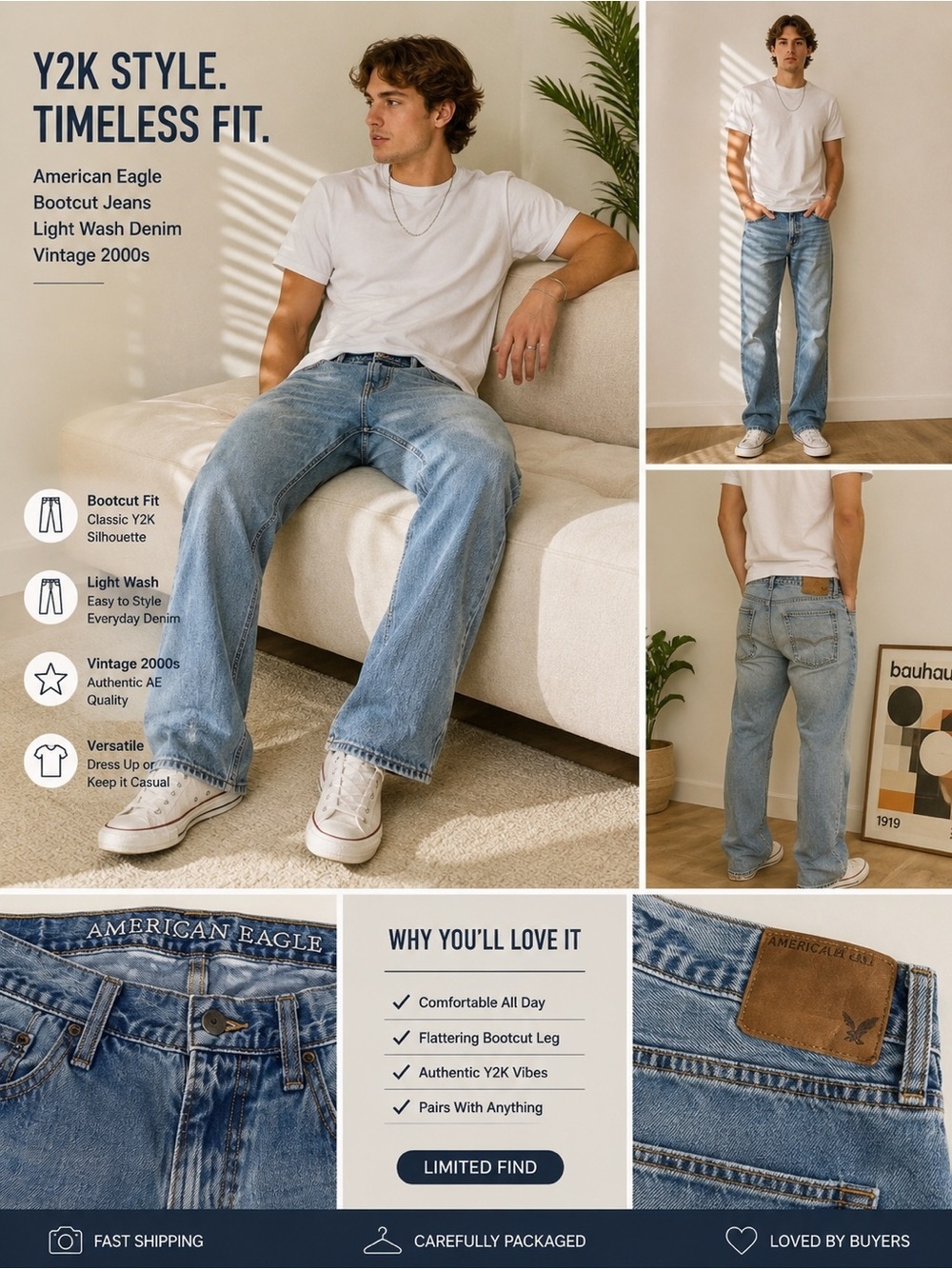 Men’s American Eagle Y2K Bootcut Jeans Light Wash Denim Vintage 2000s